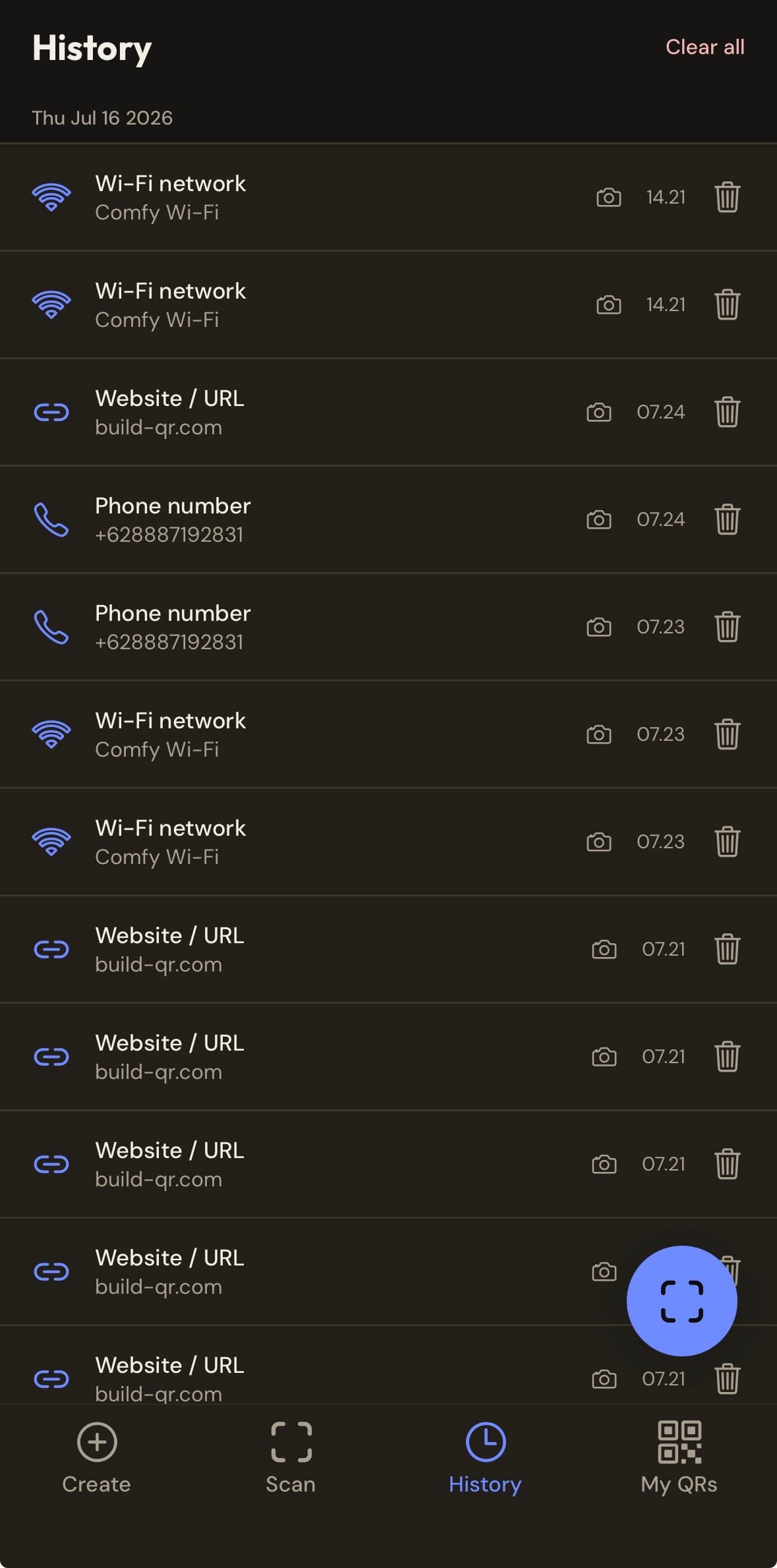 Build QR app scan history grouped by day
