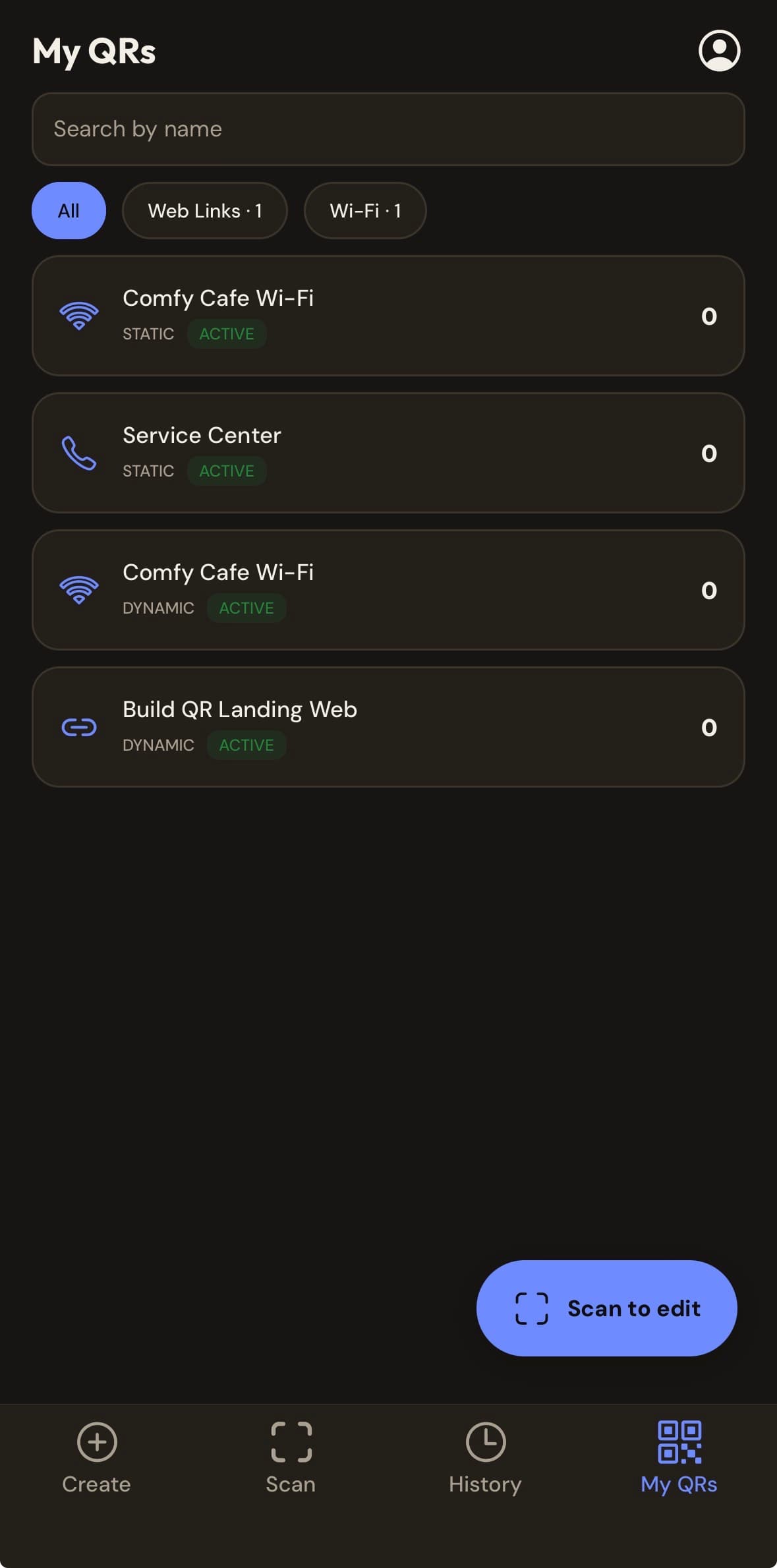 Build QR app My QRs list with folders and status badges